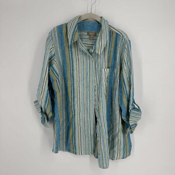 Naturals D & co shirt top large petite LP striped linen button up beachy coastal - Picture 1 of 5